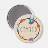 Boho Bluebird-Monogramm Magneet (Voorkant / Achterkant)