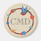 Boho Bluebird-Monogramm Magneet (Voorkant)