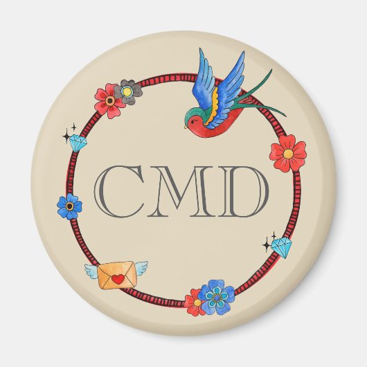 Boho Bluebird-Monogramm Magneet (Voorkant)