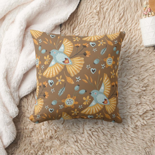 Boho Bluebird Pattern op Brown Kussen (Deken)