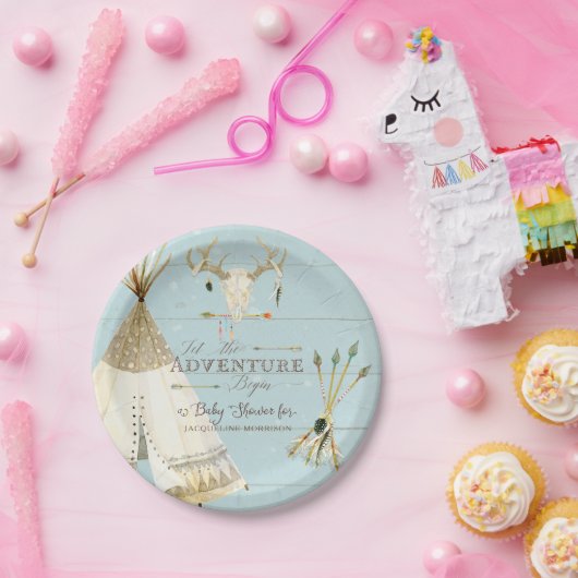 BOHO BlueTeepee Arrows Deer Antler Baby Boy Shower Papieren Bordje (Feest)