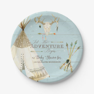 BOHO BlueTeepee Arrows Deer Antler Baby Boy Shower Papieren Bordje