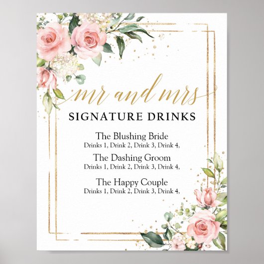 Boho bluhs roze floral gold signature drink sign poster (Voorkant)