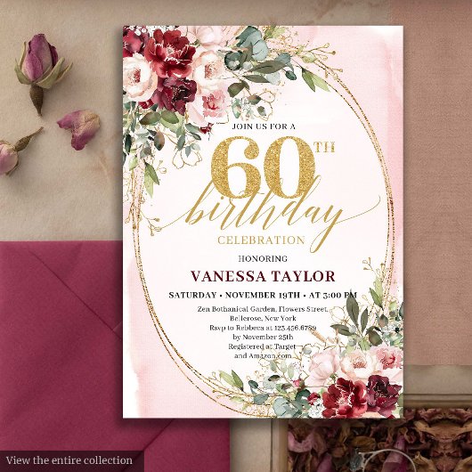 Boho Blush and Gold Burgundy 60th Birthday Card Kaart