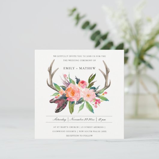 BOHO BLUSH ANTLER FLORAL FEATHER WEDDING KAART (Staand voorkant)