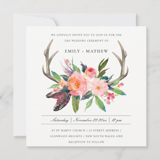 BOHO BLUSH ANTLER FLORAL FEATHER WEDDING KAART (Voorkant)
