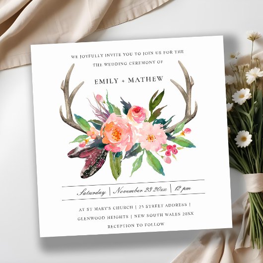 BOHO BLUSH ANTLER FLORAL FEATHER WEDDING KAART