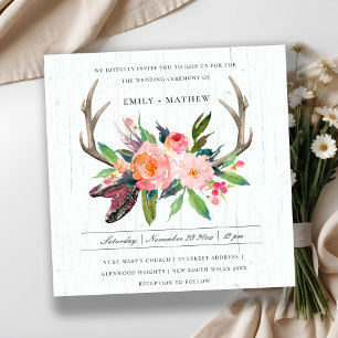 BOHO BLUSH ANTLER FLORAL WOODEN LAND WEDDING KAART