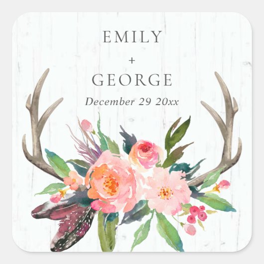 BOHO BLUSH ANTLER FLORAL WOODEN LAND WEDDING VIERKANTE STICKER (Voorkant)