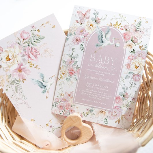 Boho Blush Baby in Bloom Stork Wildflower Shower Kaart