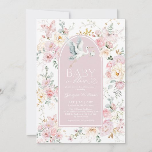 Boho Blush Baby in Bloom Stork Wildflower Shower Kaart (Voorkant)