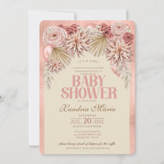 Boho Blush Beige Dried Roos Baby shower-uitnodigin Kaart (Voorkant)