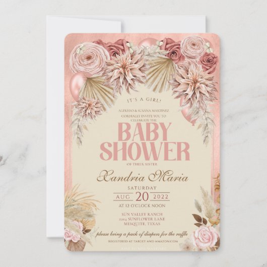 Boho Blush Beige Dried Roos Baby shower-uitnodigin Kaart (Voorkant)