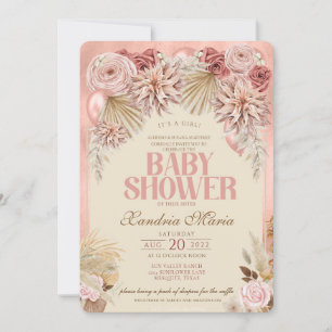 Boho Blush Beige Dried Roos Baby shower-uitnodigin Kaart