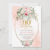 Boho Blush Bloem Gouden Frame Minimal 90e Verjaard Kaart (Voorkant)