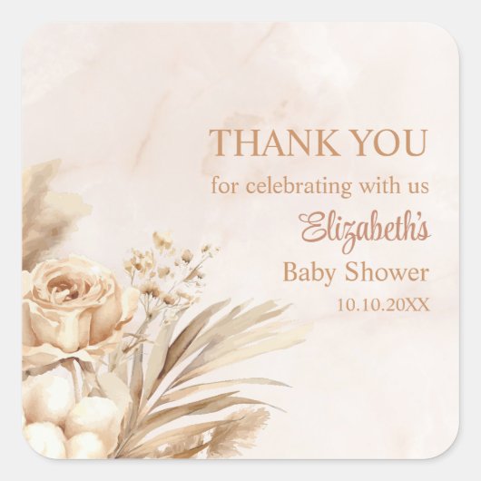 Boho Blush Bloemen Baby shower Dank u Vierkante Sticker (Voorkant)