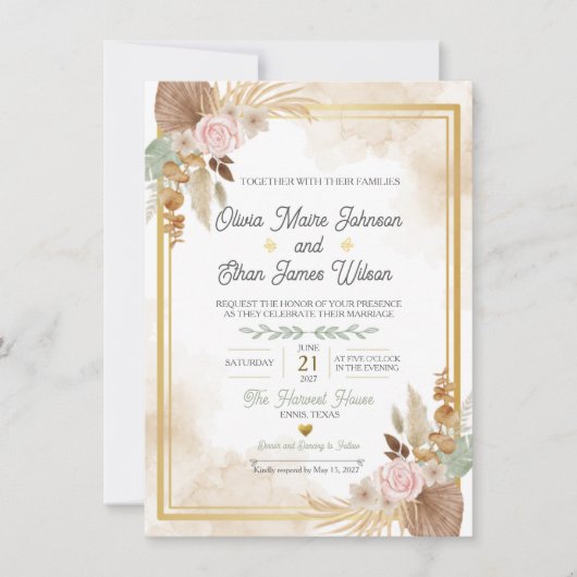 Boho Blush Bloemen Bruiloft Uitnodiging (Voorkant)