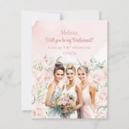 Boho Blush Bloemen Eucalyptus goud Bruidsmeisje Kaart (Voorkant)