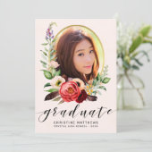 Boho Blush Bloemen Foto Zwart Script Afstuderen Aankondiging (Staand voorkant)