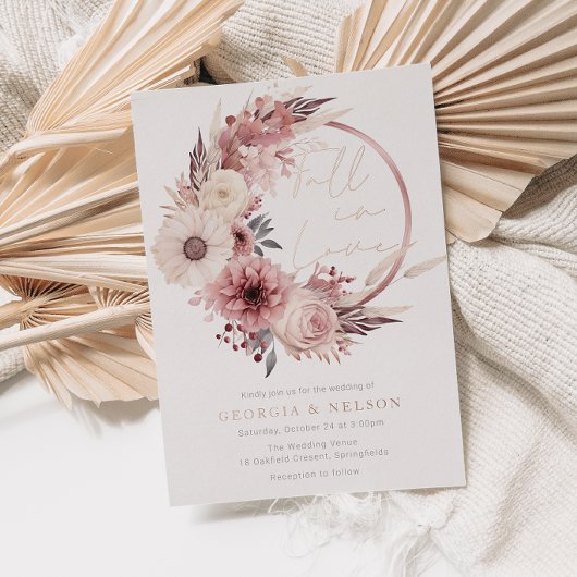 Boho Blush Bloemen Krans Herfst In Liefde Bruiloft Folie Uitnodiging