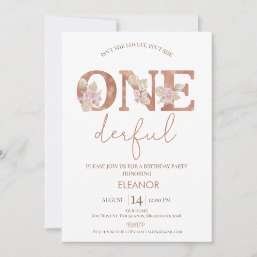 Boho Blush Bloemen Meisjes Onederful 1e Verjaardag Kaart (Voorkant)