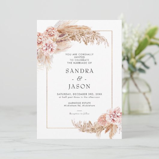 Boho Blush Bloemen met Lijst Bruiloft Kaart (Staand voorkant)