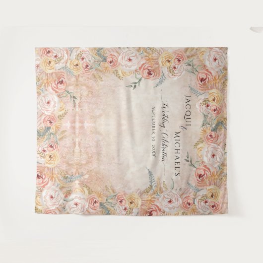 Boho Blush Bloemen Pampas Grass Rustiek Hout Weddi Wandkleed (Voorkant (horizontaal))