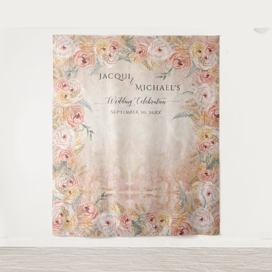 Boho Blush Bloemen Pampas Grass Rustiek Hout Weddi Wandkleed (Voorkant)