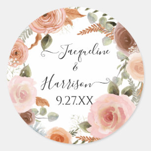 BOHO Blush Bloemen Perzik Roest Groen Waterverf Ronde Sticker