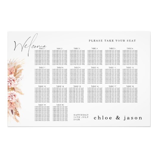 Boho Blush Bloemen Zitplaatskaart Poster (Voorkant)