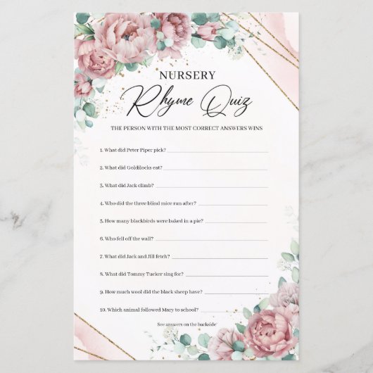 Boho blush bloemengoud groen Nursery Rhyme Quiz (Voorkant)