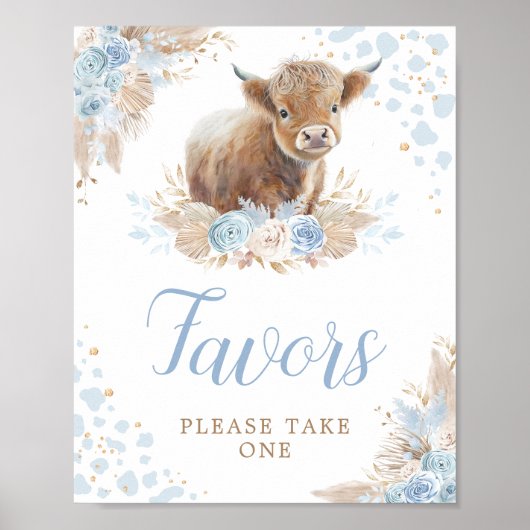 Boho Blush Blue Highland Koe gunsten teken Poster (Voorkant)