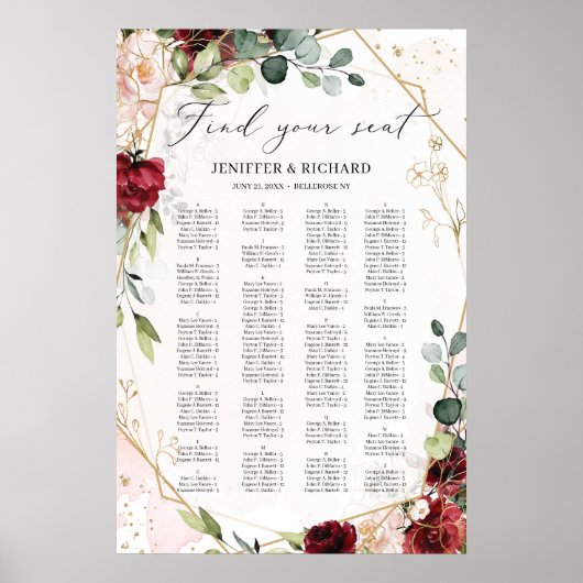 Boho blush bogundy alphabetical bruiloft zittend poster (Voorkant)