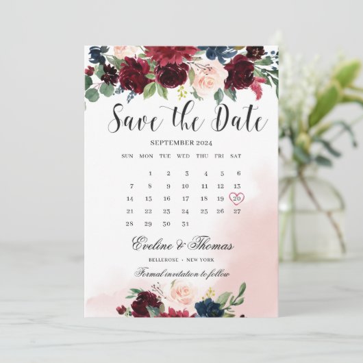 Boho blush bogundy roze marinesjandbruiloft save the date (Staand voorkant)