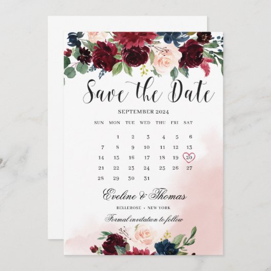Boho blush bogundy roze marinesjandbruiloft save the date (Voorkant / Achterkant)