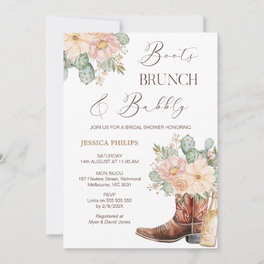Boho Blush Boots Brunch Bubbly Vrijgezellenfeest Kaart (Voorkant)