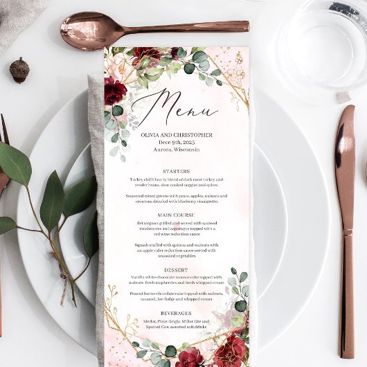 Boho blush bordeaux bloemengoud geometrische bruil menu