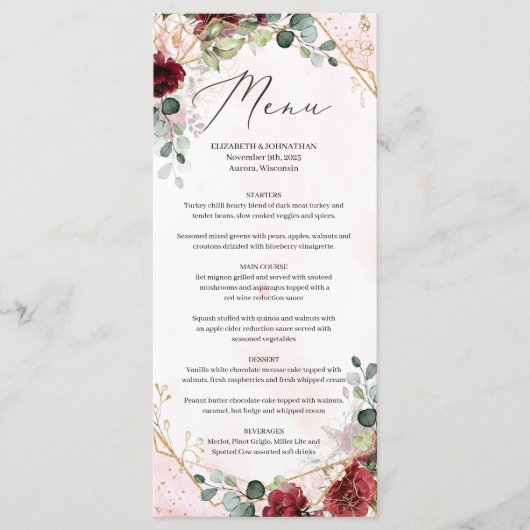 Boho blush bordeaux bloemengoud geometrische bruil menu (Voorkant)