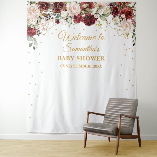 Boho blush bordeaux bloemengoud lijst baby shower wandkleed (In situ)