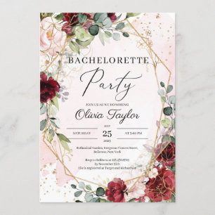 Boho blush bordeaux bloemengoud vrijgezellenfeest kaart