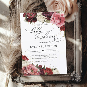 Boho Blush bordeaux mauve bloemen pioenrozen baby Kaart