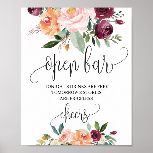 Boho Blush bordeaux-oranje bloem open bar bord Poster (Voorkant)