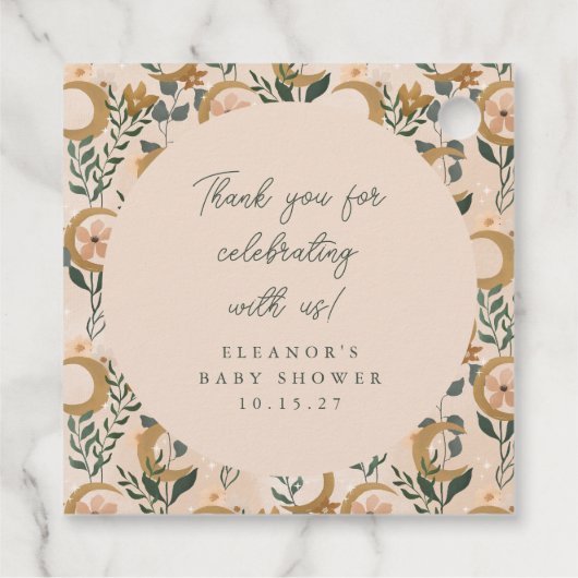 Boho Blush Botanical Moon Custom Baby shower Dank Bedankjes Labels (Achterkant)