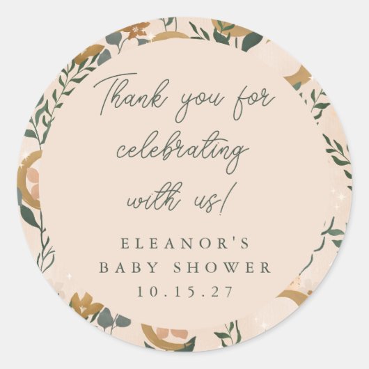 Boho Blush Botanical Moon Custom Baby shower Dank Ronde Sticker (Voorkant)