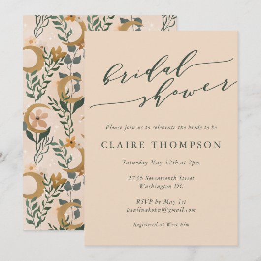 Boho Blush Botanische Maan Script Bruidsborrel Kaart (Voorkant / Achterkant)
