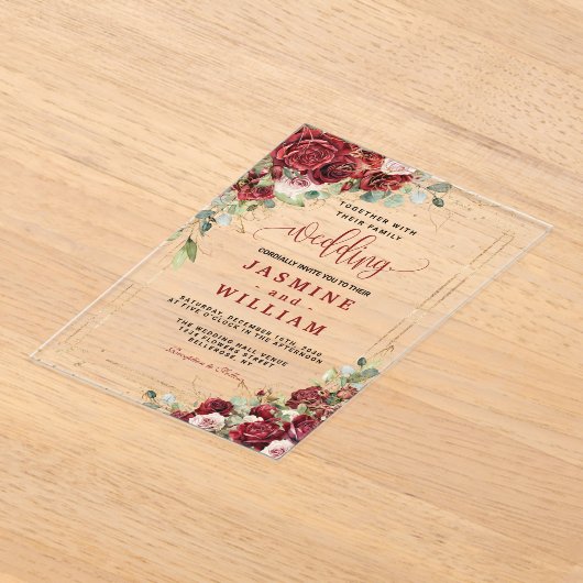 Boho Blush Bourgogne Bloemen Goud Geometrisch Brui Acryl Uitnodigingen (Laagn)