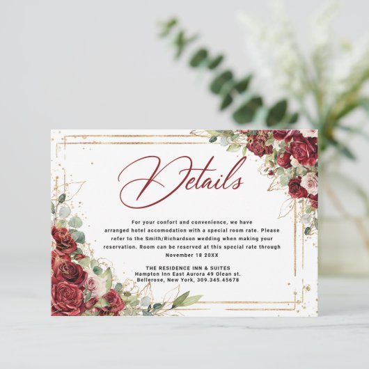 Boho Blush Bourgogne Bloemen Goud Geometrisch Brui Informatiekaartje (Staand voorkant)