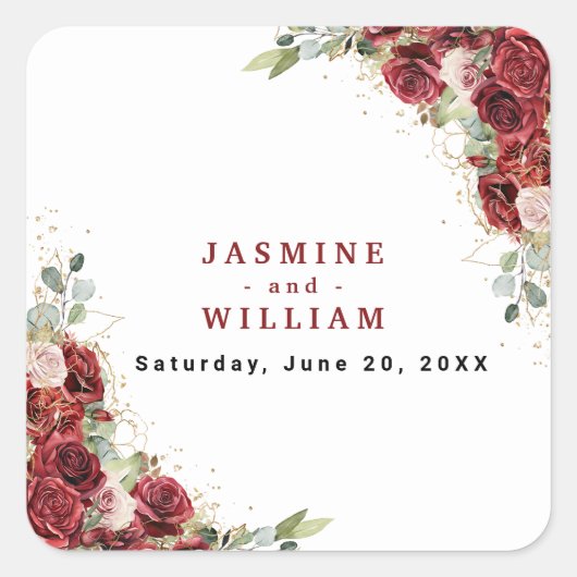 Boho Blush Bourgogne Bloemen Goud Geometrisch Brui Vierkante Sticker (Voorkant)