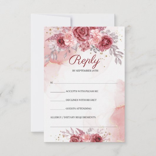 Boho Blush Bourgogne Rozen Bloemen Goud Bruiloft RSVP Kaartje (Voorkant)