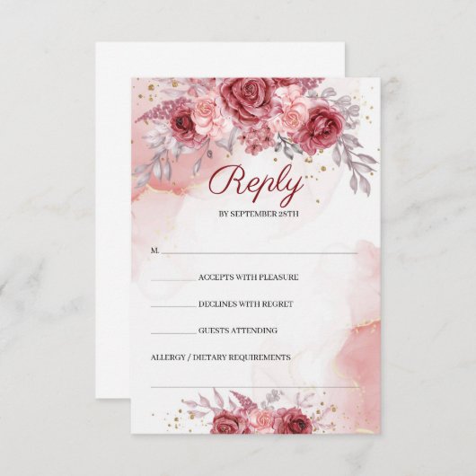 Boho Blush Bourgogne Rozen Bloemen Goud Bruiloft RSVP Kaartje (Voorkant / Achterkant)
